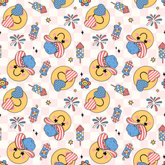 Groovy Retro Seamless Pattern for 4th of July smile face emoji on pink Checkered background