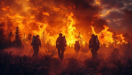 Fototapeta premium Capture the intense teamwork of firefighters battling the forest blaze under a dramatic sky.