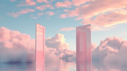 Boundless Dreams Surreal Image of Pink Open Doors Against Cloud-Filled Sky Symbolizes Freedom, Opportunity, and Imagination in Minimalist Magical Realism Setting
