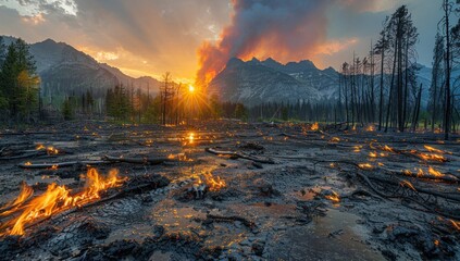 Illustrate the devastation caused by the forest fire, contrasting charred landscapes with untouched wilderness in the background.