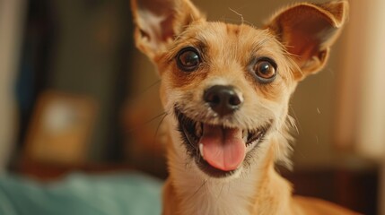 The photo shows a small, brown dog with a white belly and paws. The dog is smiling and looking at the camera. It is sitting on a bed with a blue blanket.
