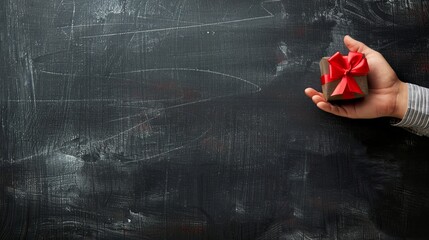 Hand holding a gift wrapped with red bow, black chalkboard in background