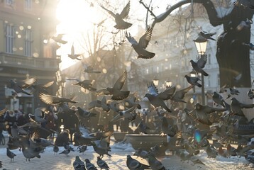 A flock of pigeons in a town square fly off startled by a noise
