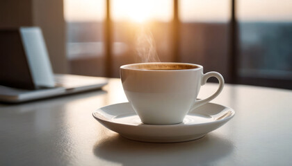 Fototapeta premium Morning Coffee: A white cup filled with steaming coffee rests on a clean white table, casting a subtle shadow. creating a serene morning scene.