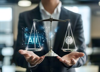 A businessman holds the scales of justice with one side showing an AI icon and brain - Powered by Adobe