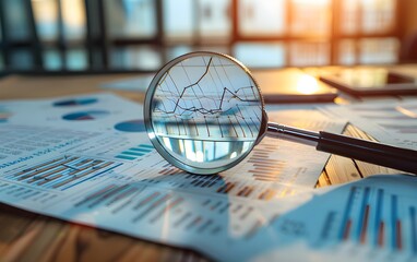 A detailed photograph of financial charts and graphs with a magnifying glass on a wooden table - Powered by Adobe
