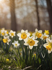 Sunlit Daffodil Banner, White and Yellow Blooms Adorn Spring Meadow with Radiant Warmth.