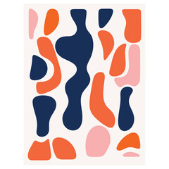  Abstract shapes in navy blue , orange , and pink colors against a white background