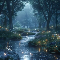 Obraz premium Serene Forest Glen Bathed in Soft Moonlight and Twinkling Fairy Lights