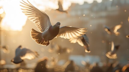 A flock of pigeons in a town square fly off startled by a noise
 - Powered by Adobe