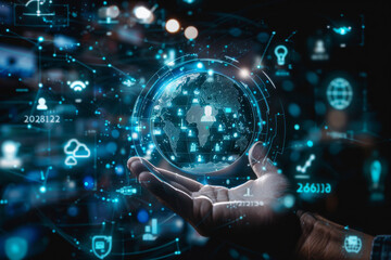 A hand holding a digital globe with numbers surrounding it