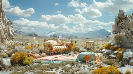 Serene Oasis Amidst Rugged Terrain Exploring the Juxtaposition of Natural and Synthetic Elements in Remote Landscapes