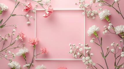 Creative spring greeting card design. Branches of white, and pink gypsophila and fresh carnations flowers with square photo frame on pastel pink background. Birthday, Mother's Day.