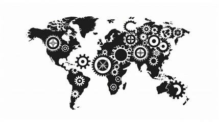 Monochrome gear-infused world map design - Illustration of a world map integrated with various gears and cogs symbolizing interconnected global industries and mechanics