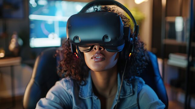 Young pretty mixed-race woman with curly hair wearing virtual reality headset sitting in gaming chair and playing video games.