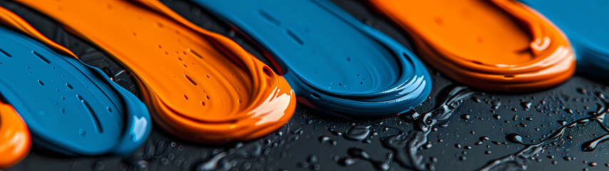 In a captivating close-up, layers of thick orange and blue paint intertwine and meld together upon a velvety black canvas, creating a dynamic and visually arresting composition that commands attention