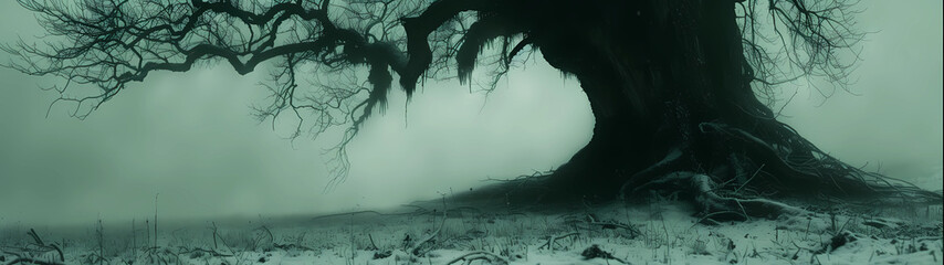 Standing as a silent sentinel, the ancient tree's formidable trunk commands attention in the midst of a wintery fog, its gnarled branches reaching out like skeletal fingers, shrouded in mystery