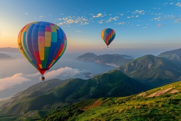 Obraz premium two colorful hot air balloons floating over the green mountains 