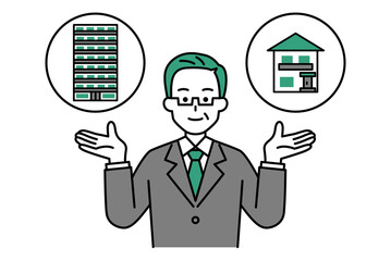 戸建てかマンションの選択肢を提案する年配のスーツの男性