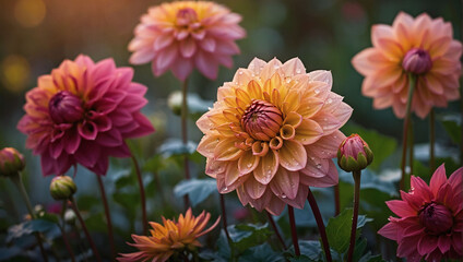 Sunset Dahlia Mix, Colorful blooms with raindrops in rustic garden at sunset.