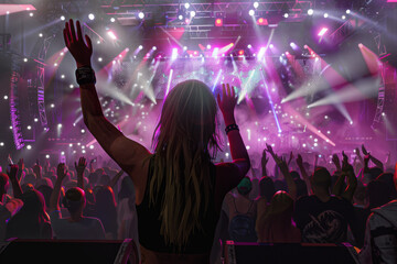 A woman stands in front of a crowd at a concert with her hands in the air
