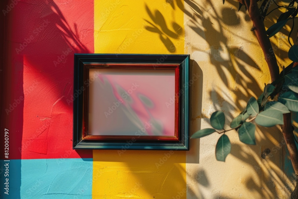Poster a picture frame hanging on a colorful wall. suitable for interior design concepts