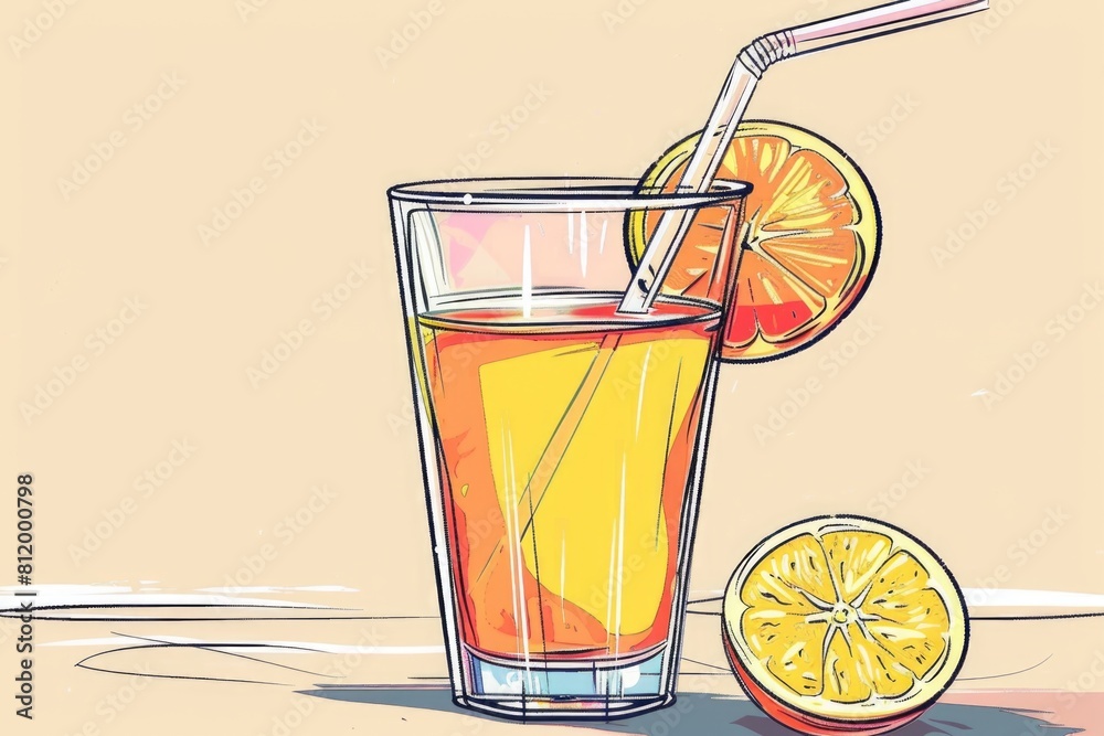 Poster a glass of orange juice with a straw and a slice of orange. perfect for food and beverage concepts