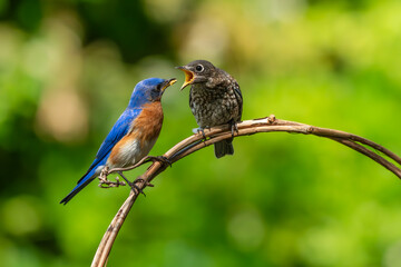 Bluebird Parent Feeding Fledgling