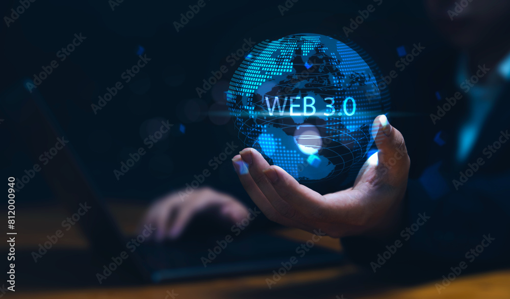 Poster futuristic business person using web 3.0 digital internet global communication networking blockchain