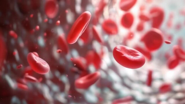 Red blood cells circulating within bloodstream, showcasing their biconcave shape, the dynamic flow. Deep red hues against a blurred background emphasize the vitality and complexity of human biology