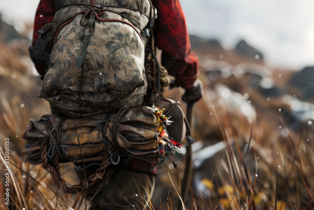 Poster a man with a backpack walking through a field. suitable for outdoor and adventure themes
