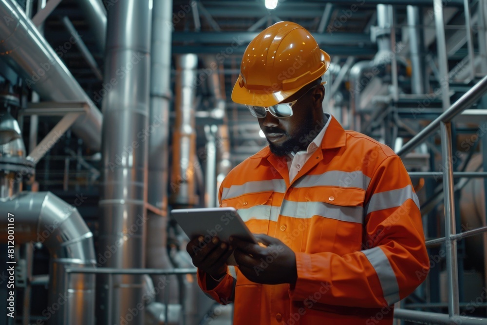 Poster a man in a hard hat and orange jacket using a tablet. ideal for construction and technology concepts