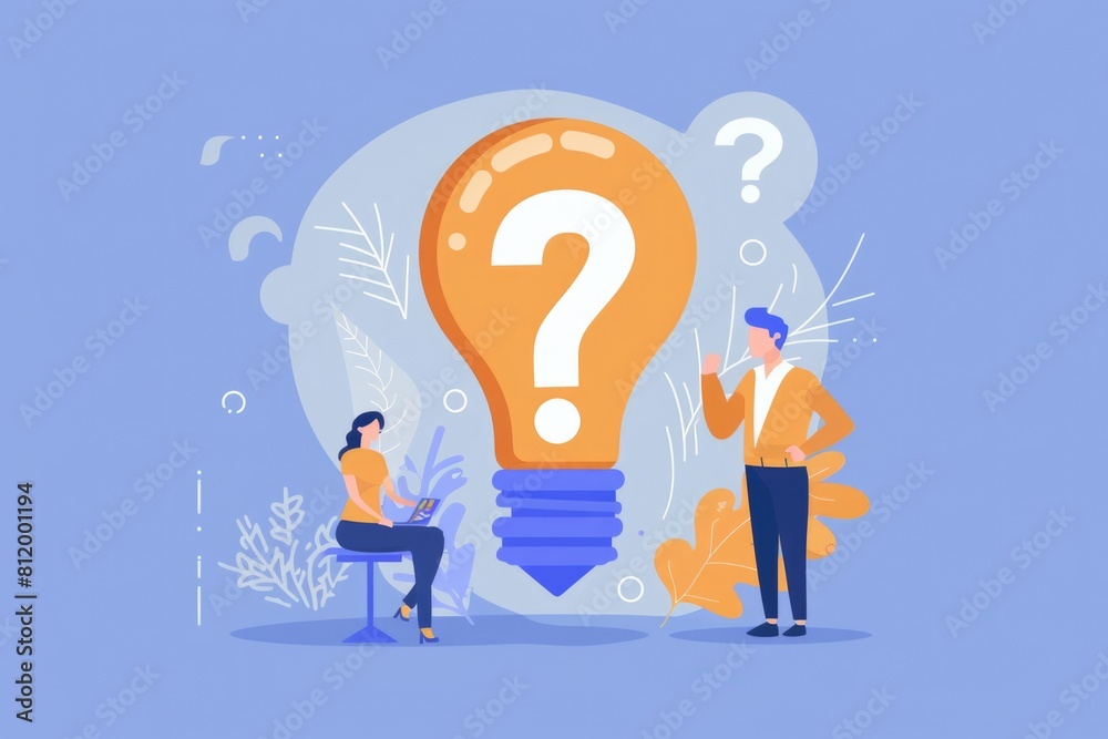 Wall mural A man and a woman standing next to a light bulb with a question mark. Suitable for business and idea concepts