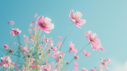 field of pink cosmos flowers under the blue sky