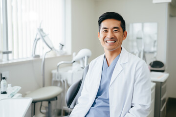 Smiling Asian dentist in his clinic consultation