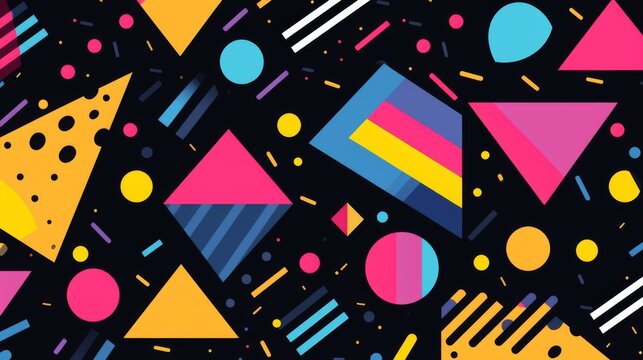 seamless pattern with geometric shapes in the style of 90s, shapes are bright circles, rectangles