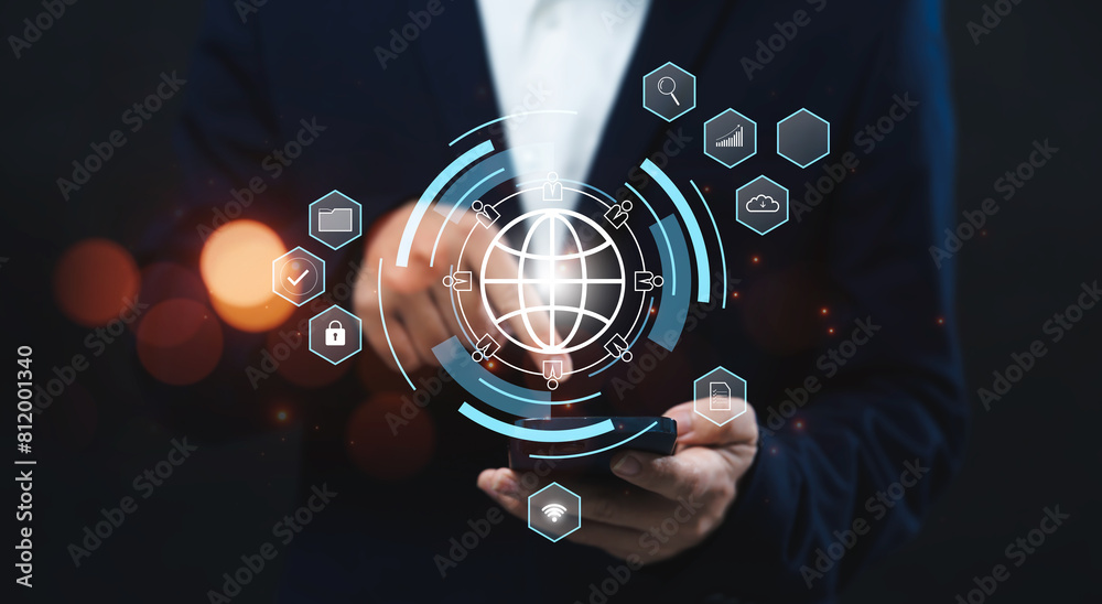 Poster businessman online internet sharing data transferring information with others, sharing files and doc