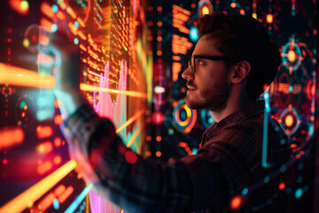 Fototapeta premium A man wearing glasses is looking at a colorful screen