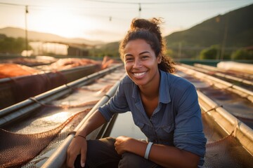 A Radiant Woman Smiling Gently While Posing Before the Bustling Aquaculture Ponds of a Sustainable Fish Farm at Dusk