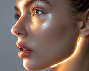 Gentle LED light casting a subtle glow on a womans skin, emphasizing texture and tone, great for dermatological feature displays