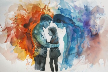 A painting of a man and a woman embracing. Suitable for various romantic concepts