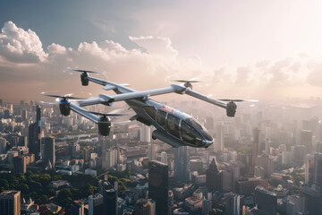A futuristic airplane is flying over a city