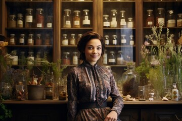 Fototapeta premium A Whimsical Journey into Nature's Bounty: An Enchanting Herbalist Shop Backdrop for a Close-Up Portrait of a Modern-Day Apothecary