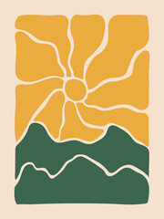 The sun and the mountains in aesthetic curves, 70s bohemian style vector illustration for prints. Aesthetic contemporary groovy design for wall prints or other purposes.