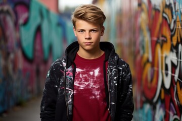 A Vibrant Display of Youthful Energy: A Teenager's Portrait Captured Against the Colorful Graffiti Backdrop of a Bustling Community Skate Park