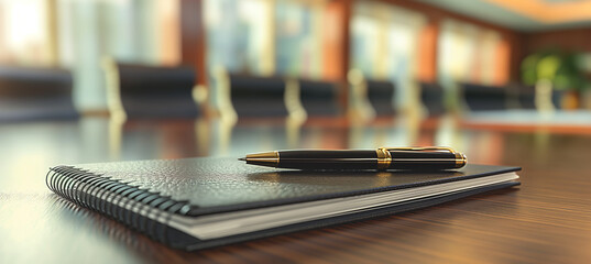 close up of a pen on a notebook, business concept, copy space