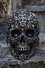 Ornate Gothic Carved Metal Skull Sculpture
