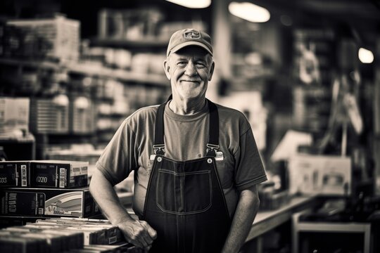 A Smiling Local Craftsman Proudly Standing in Front of His Quaint Small-Town Hardware Store, Tools of the Trade in Hand and Shelves Stocked with Every Necessity