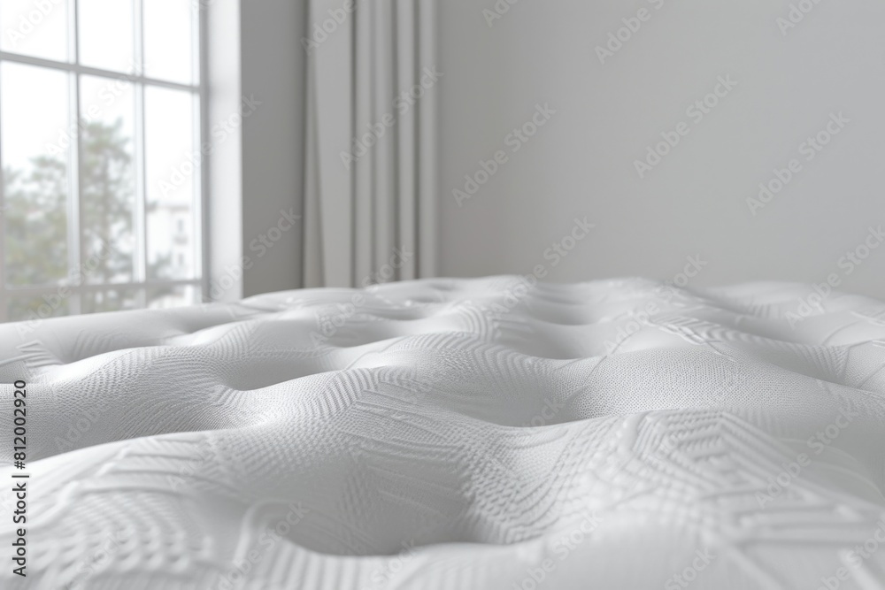 Poster close up of a mattress with a window in the background. suitable for home decor advertisements