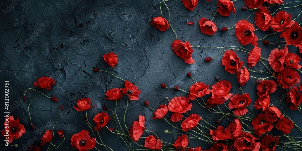 Poster Vibrant red flowers on a sleek black background. Ideal for adding a pop of color to any design project